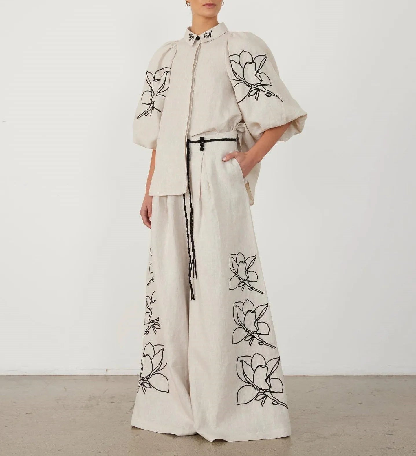 European And American Spring And Summer Fashion Cotton And Linen Printed Wide-leg Pants Suit - Bellarte Enchanté European And American Spring And Summer Fashion Cotton And Linen Printed Wide-leg Pants Suit